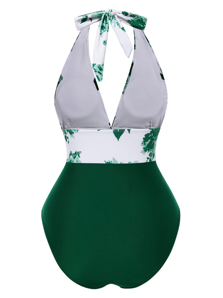 1940s Halter Floral Ruched One-piece Swimsuit