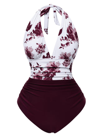 1940s Halter Floral Ruched One-piece Swimsuit