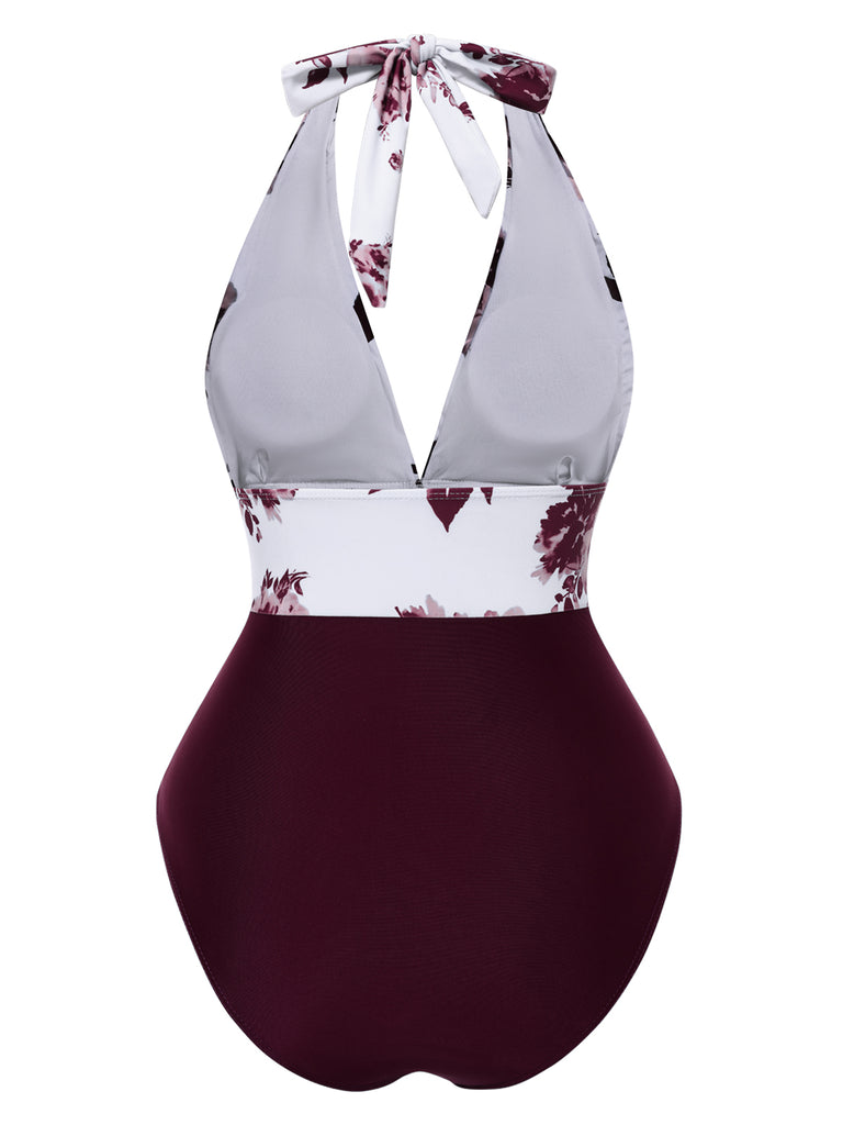 1940s Halter Floral Ruched One-piece Swimsuit