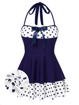 Blue 1940s Polka Dots Patchwork Halter Swimdress