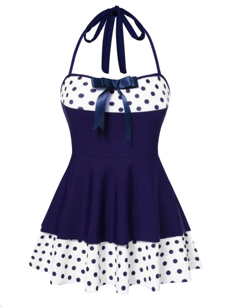 Blue 1940s Polka Dots Patchwork Halter Swimdress