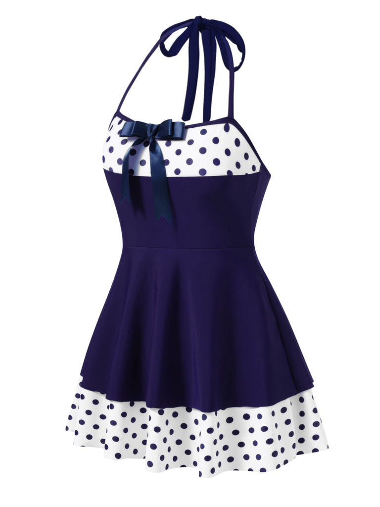 Blue 1940s Polka Dots Patchwork Halter Swimdress