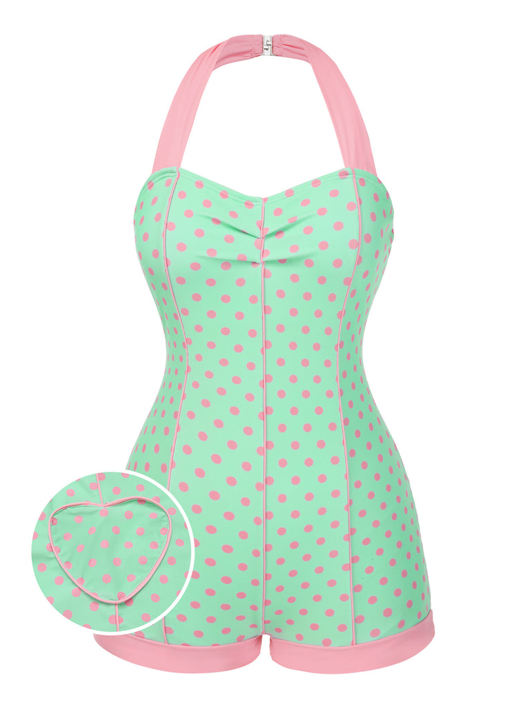 1960s Halter Contrast Polka Dots Heart Swimsuit