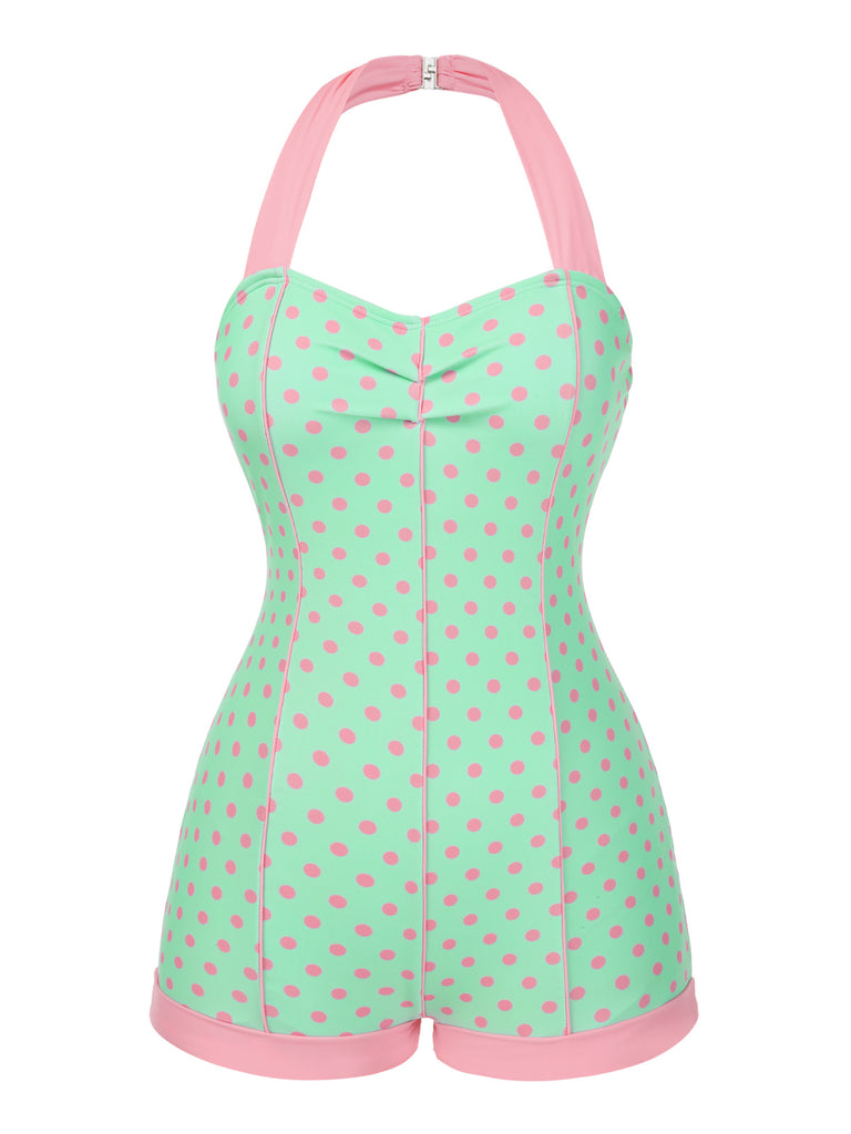 1960s Halter Contrast Polka Dots Heart Swimsuit