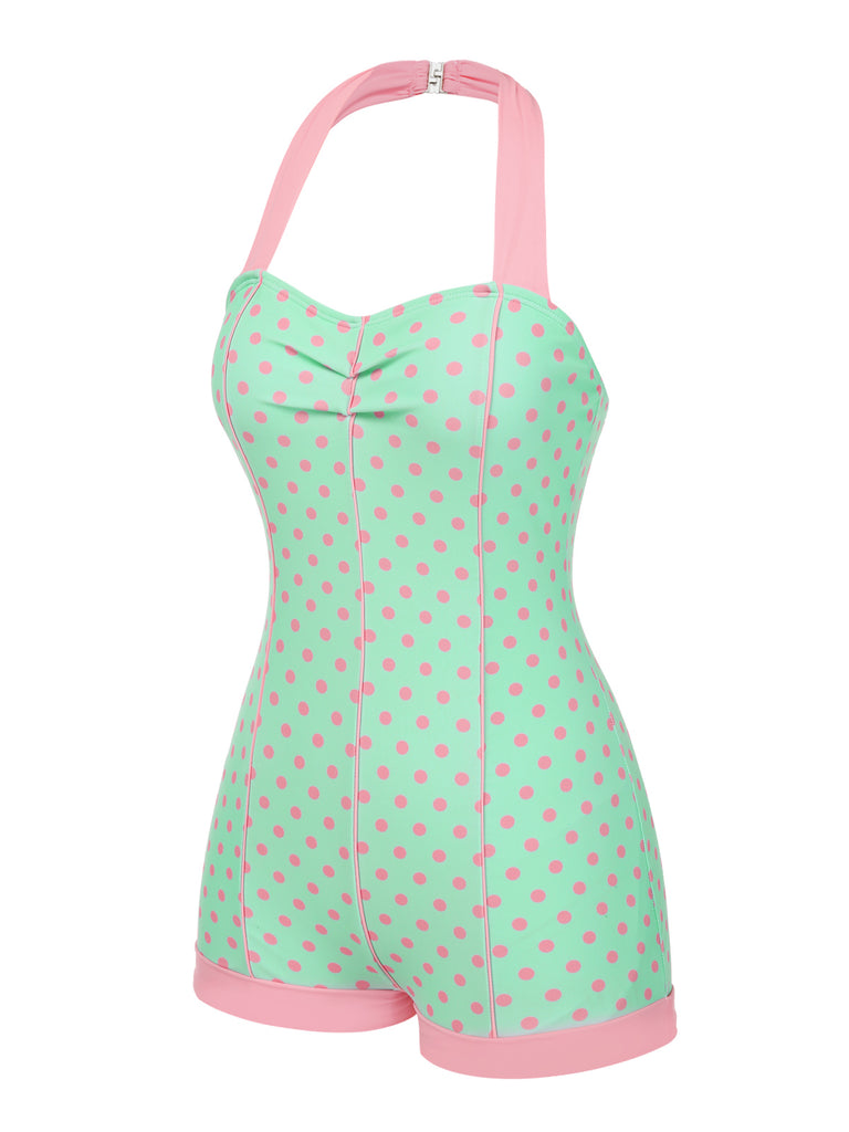 1960s Halter Contrast Polka Dots Heart Swimsuit