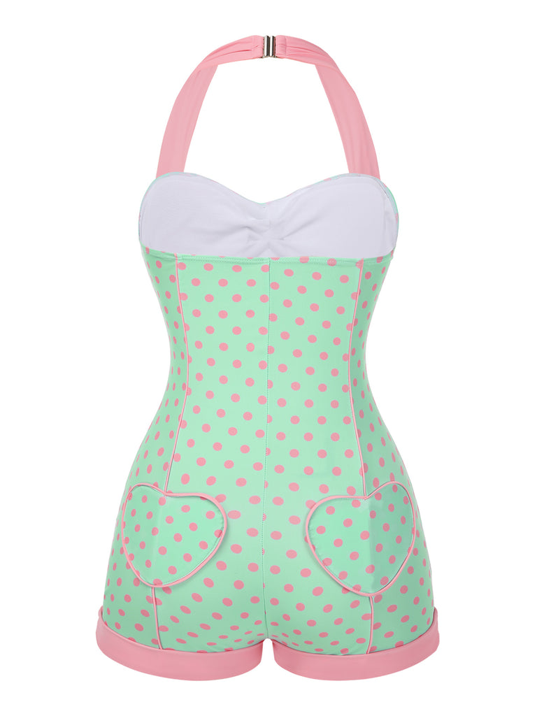 1960s Halter Contrast Polka Dots Heart Swimsuit