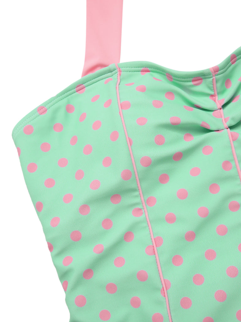 1960s Halter Contrast Polka Dots Heart Swimsuit