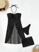 3PCS Black 1950s Solid Halter Bikini Set & Cover-Up