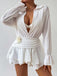 White 1950s Deep V-Neck 3D Floral Skirt Cover Up