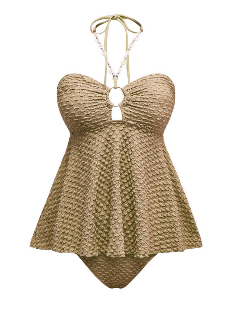 1940s Seashell Chain Lace-Up Halter Swimsuit