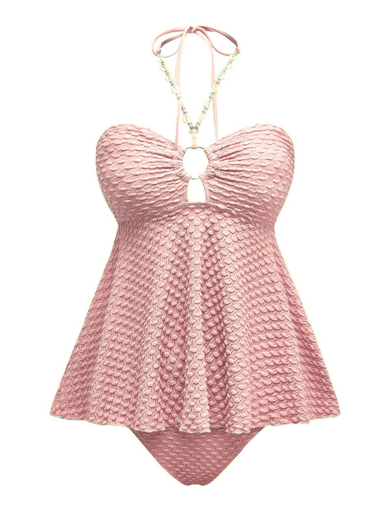 1940s Seashell Chain Lace-Up Halter Swimsuit