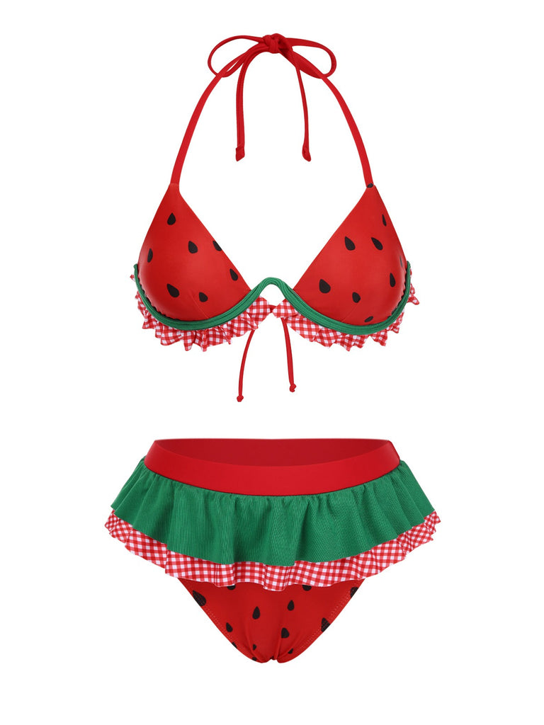 Red 1950s Watermelon Ruffled Bikini Set