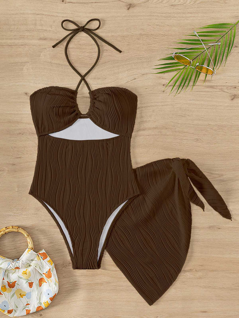 2PCS 1950s Lace-Up Halter Swimsuit & Cover-Up