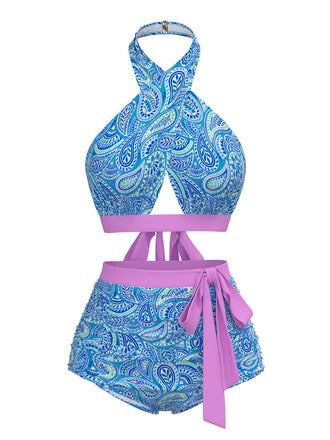 Violet 1970s Paisley Print Cross-Halter Swimsuit
