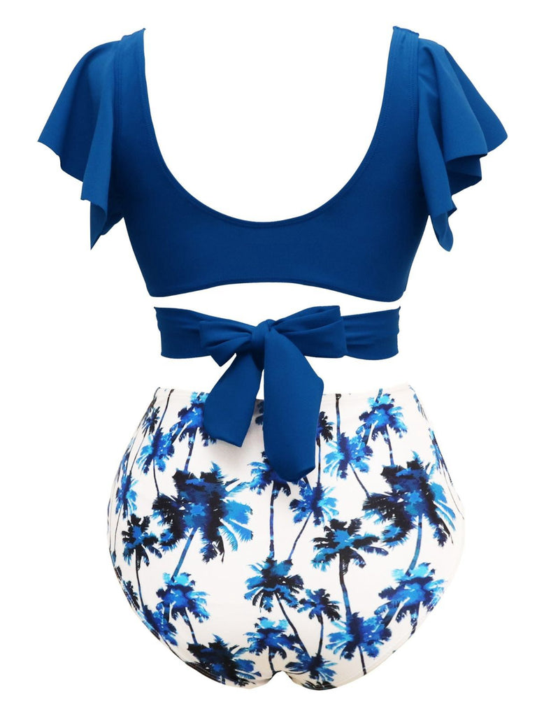 Dark Blue 1950s Tropical Print Ruffles Lace-Up Swimsuit