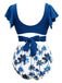 Dark Blue 1950s Tropical Print Ruffles Lace-Up Swimsuit