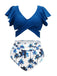 Dark Blue 1950s Tropical Print Ruffles Lace-Up Swimsuit