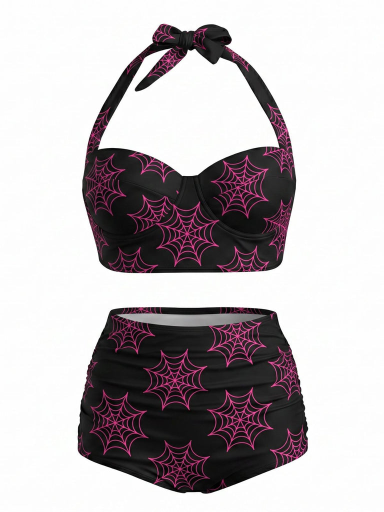 Pink 1950s Bat Print Lace-Up Halter Swimsuit