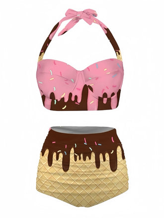 Pink 1970s Halter Ice-Cream Cone High-Waist Bikini