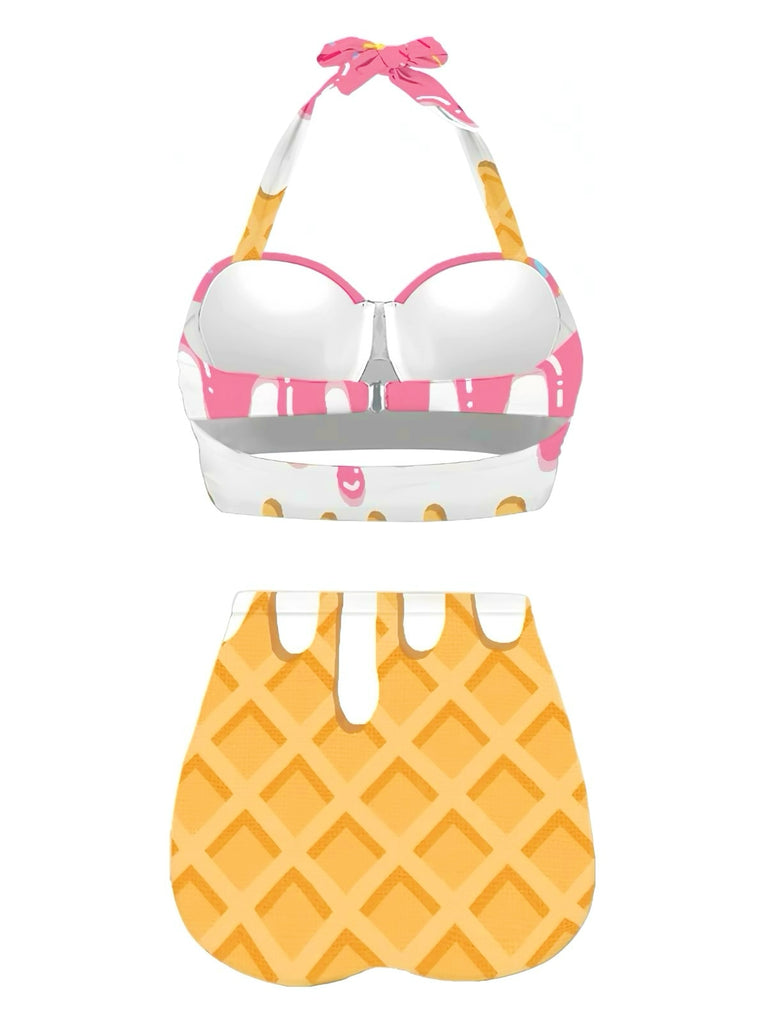 Pink 1970s Halter Ice-Cream Cone High-Waist Bikini