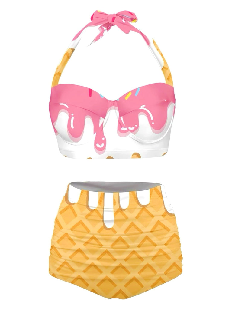 Pink 1970s Halter Ice-Cream Cone High-Waist Bikini