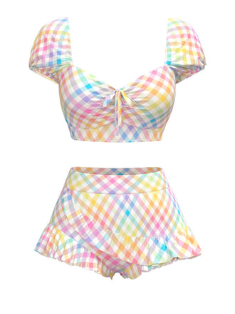 Multicolor 1970s Puff Gingham Plaid Bikini Set