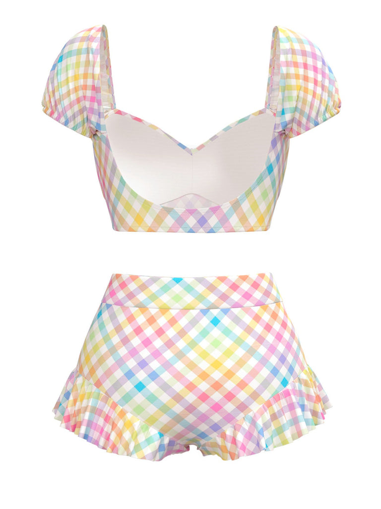 Multicolor 1970s Puff Gingham Plaid Bikini Set
