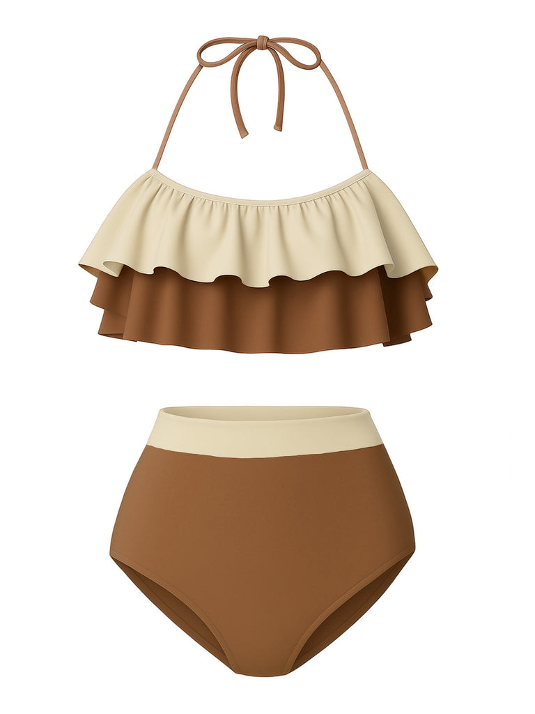 1940s High-Waist Colorblock Ruffled Halter Swimsuit