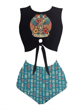 1980s Punk Waist Tie Skeleton Beach Print Bikini Set, vintage swimsuit, pin-up swimwear - perfect for women who love vintage and retro fashion