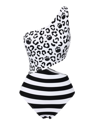 Black 1980s One-Shoulder Hollow Skull Stripe Swimsuit