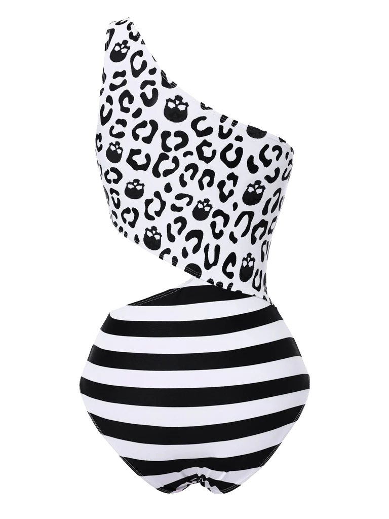 Black 1980s One-Shoulder Hollow Skull Stripe Swimsuit