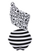 Black 1980s One-Shoulder Hollow Skull Stripe Swimsuit