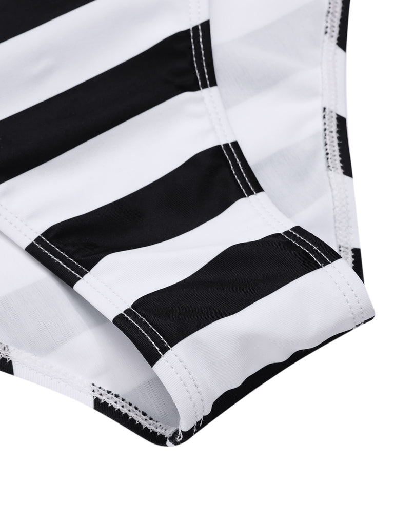 Black 1980s One-Shoulder Hollow Skull Stripe Swimsuit
