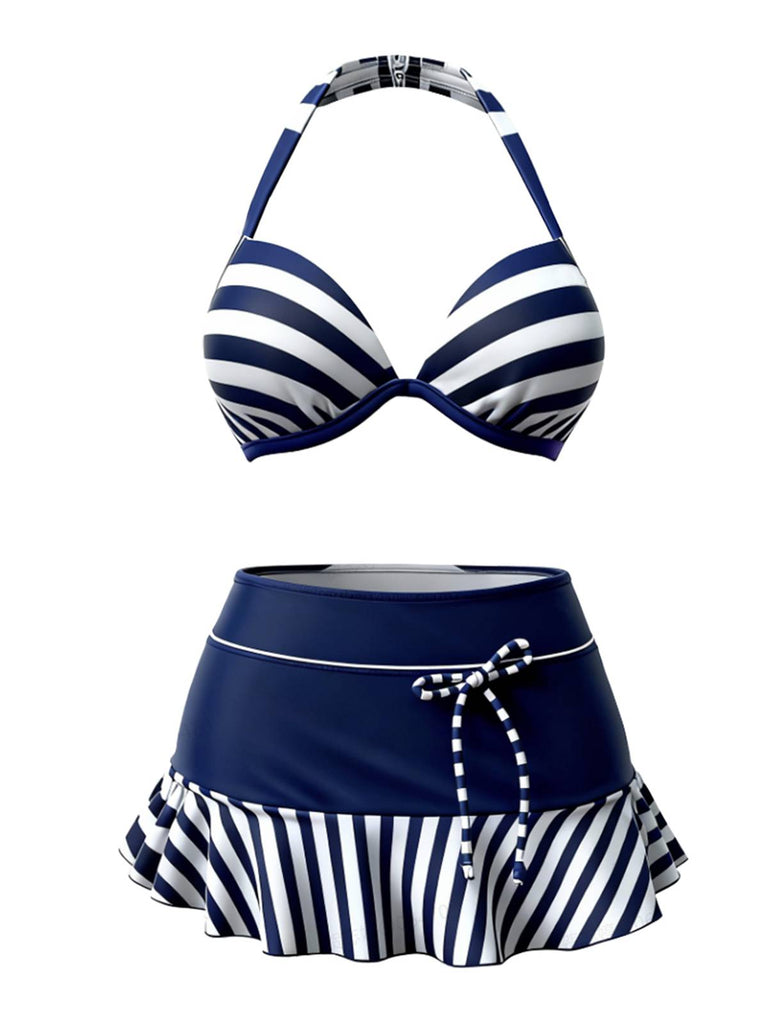 [Pre-Sale] Navy Blue 1940s Striped Bikini Swimsuit
