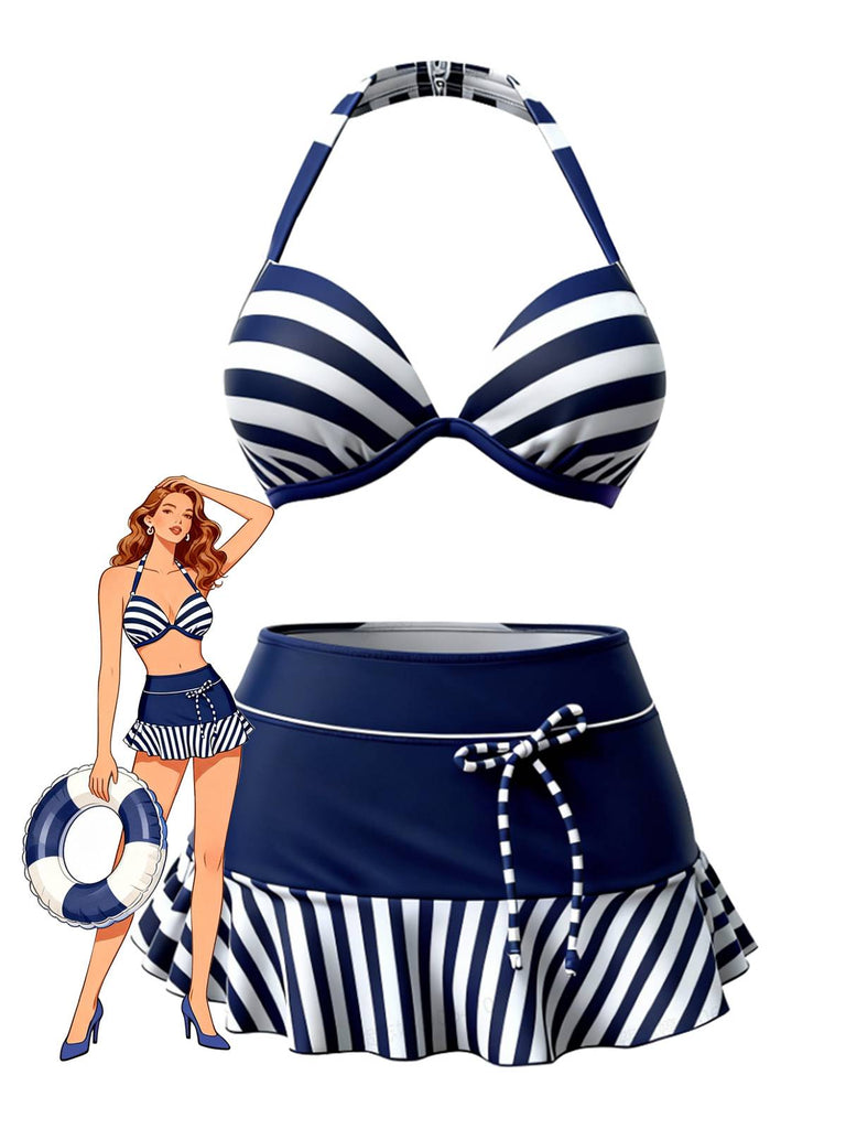 [Pre-Sale] Navy Blue 1940s Striped Bikini Swimsuit