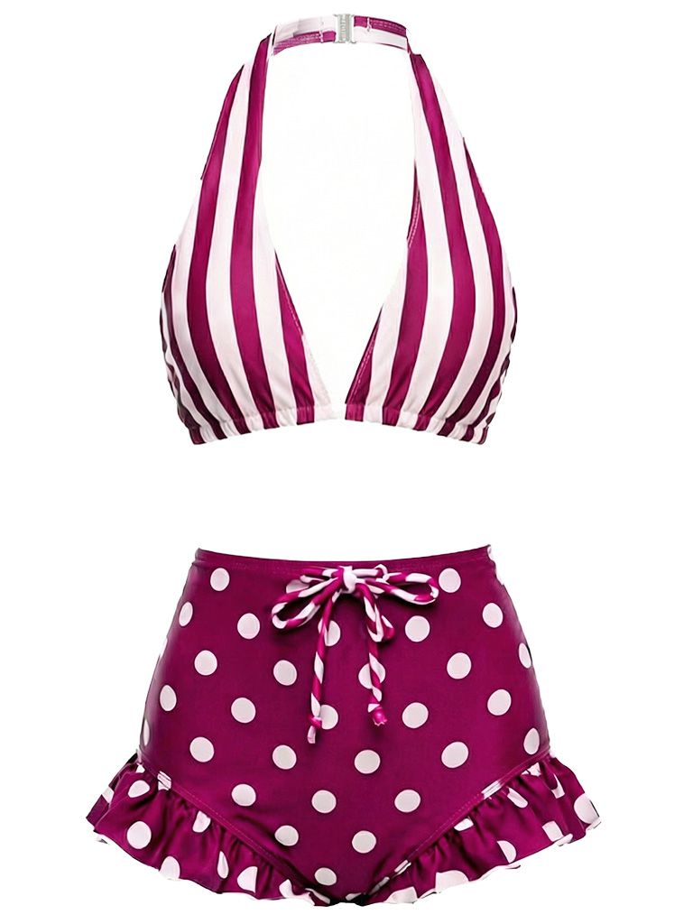 Red & White 1940s Striped Halter Polka Dot Ruffled Swimsuit
