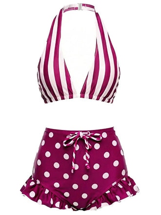 [Pre-Sale] Red & White 1940s Striped Halter Polka Dot Ruffled Swimsuit