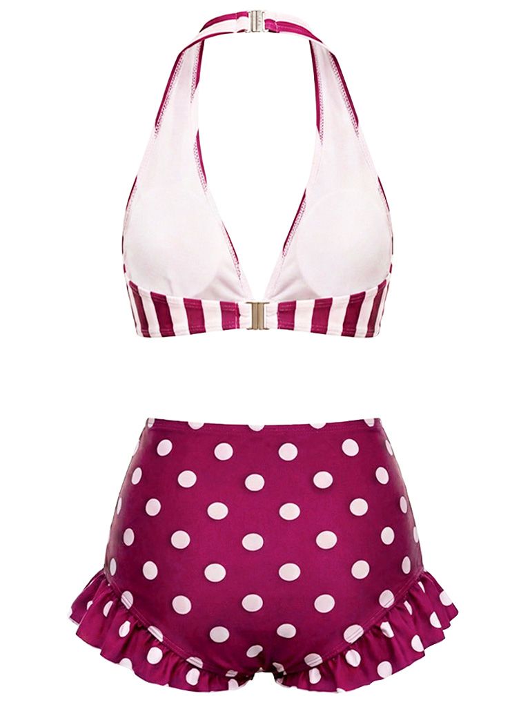 Red & White 1940s Striped Halter Polka Dot Ruffled Swimsuit
