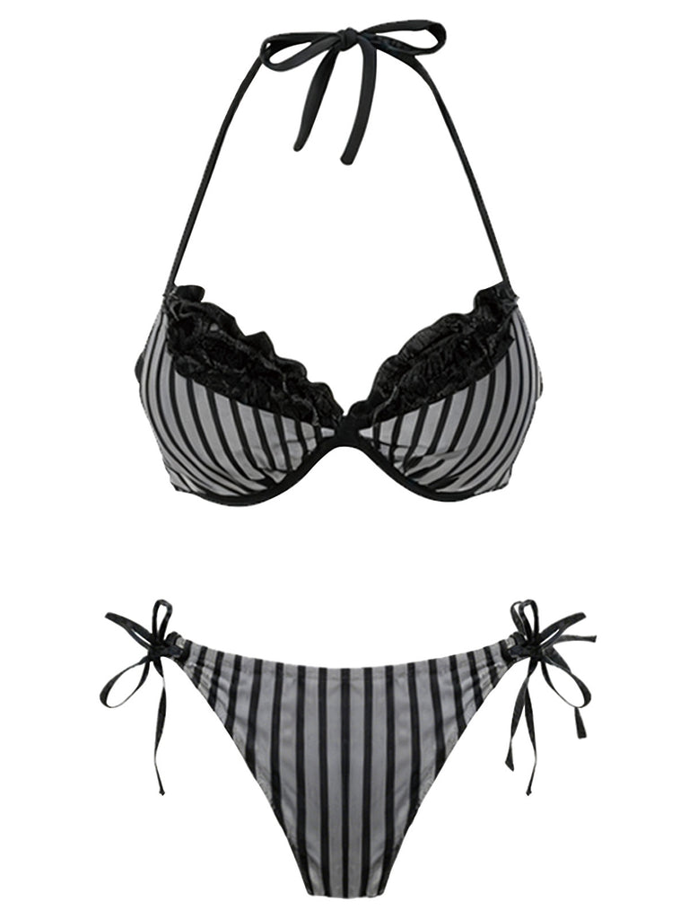 [Pre-Sale] Grey 1960s Striped Mesh Halter Bow Bikini Set