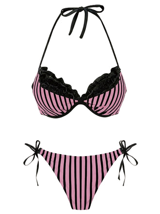 [Pre-Sale] Pink 1960s Striped Mesh Halter Bow Bikini Set
