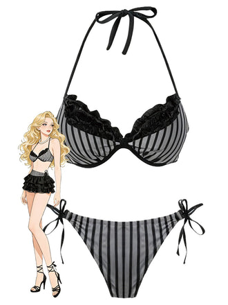 [Pre-Sale] Grey 1960s Striped Mesh Halter Bow Bikini Set