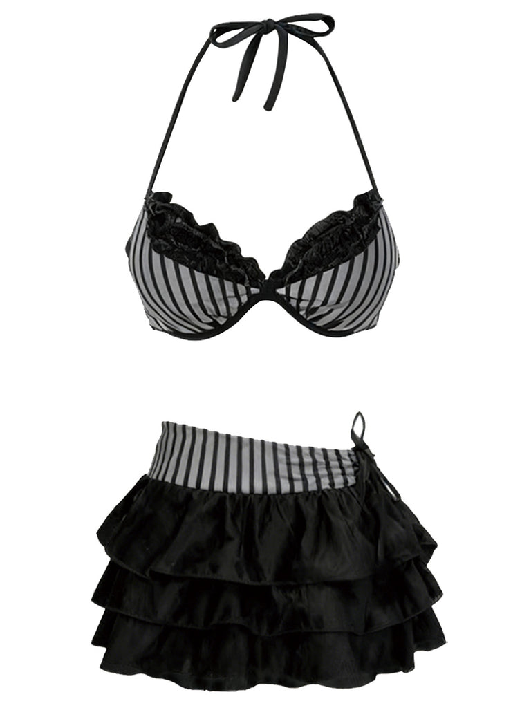 [Pre-Sale] 2PCS Grey 1960s Striped Halter Bikini Set & Tiered Cover-Up