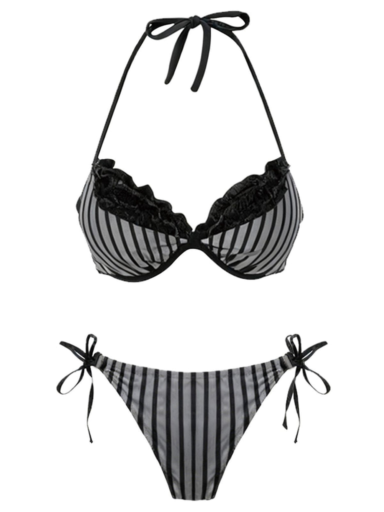 Grey 1960s Striped Mesh Halter Bow Bikini Set