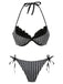 Grey 1960s Striped Mesh Halter Bow Bikini Set