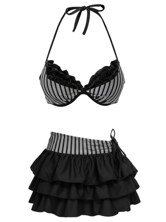 [Pre-Sale] 2PCS Grey 1960s Striped Halter Bikini Set & Tiered Cover-Up