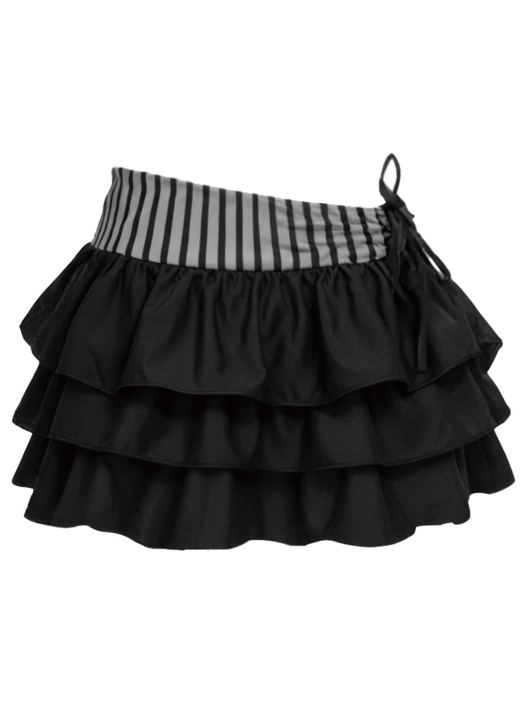 Grey 1960s Striped Mesh Bow Tiered Cover-Up Skirt