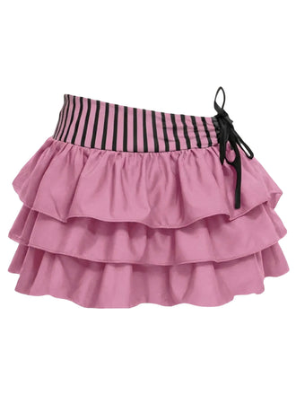 [Pre-Sale] Pink 1960s Striped Mesh Bow Tiered Cover-Up Skirt