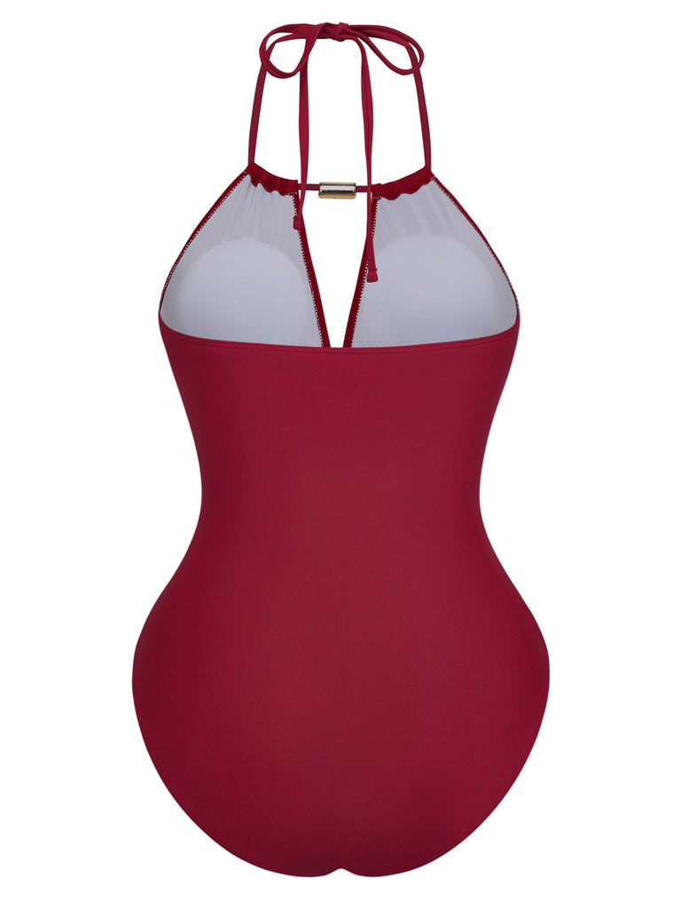 1940s Ruched Deep-V Halter One-Piece Swimsuit