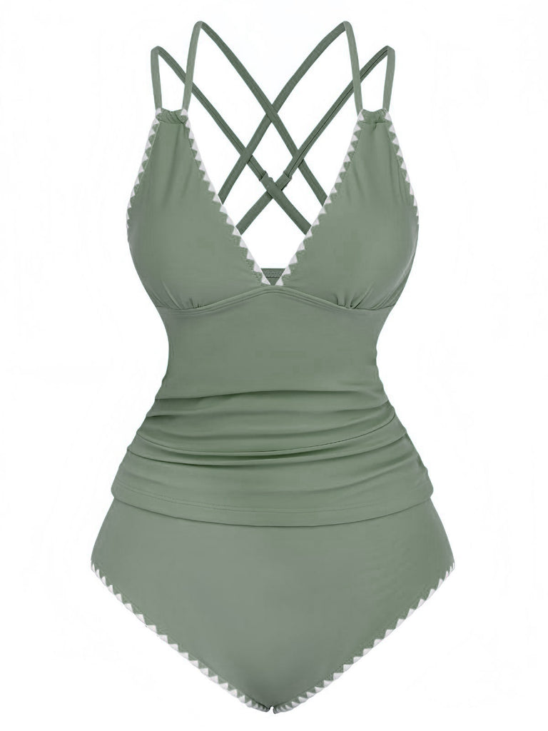 1940s Colorblock Deep V Crisscross Back Tankini Set