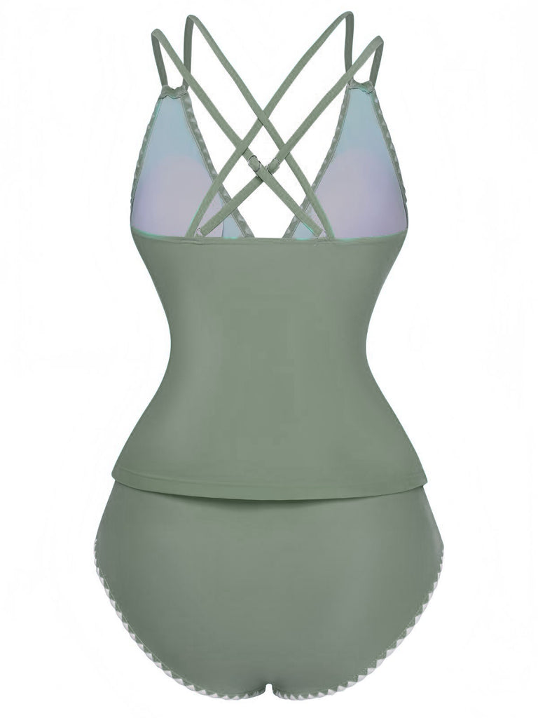 1940s Colorblock Deep V Crisscross Back Tankini Set